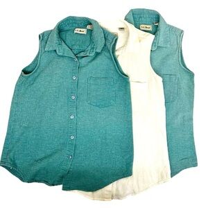 Vintage LL Bean Top Size 8 Aqua Blue and White Cotton Sleeveless Tunic Button Up